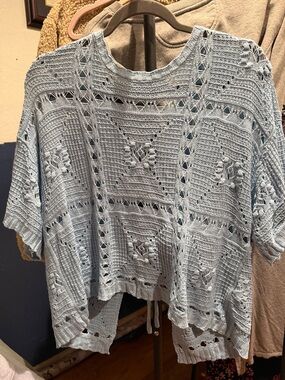 Umgee Light Blue Crochet Knit Short Sleeve Drawstring Top